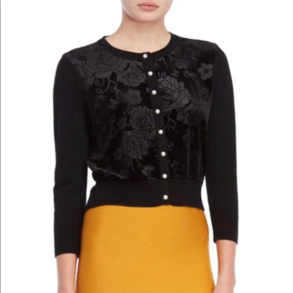 Karl Lagerfeld Sweaters - Karl Lagerfeld Paris Black Velour Flower Cardigan